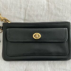 Coach Black Leather Wristlet Clutch with Gold Turn-Lock